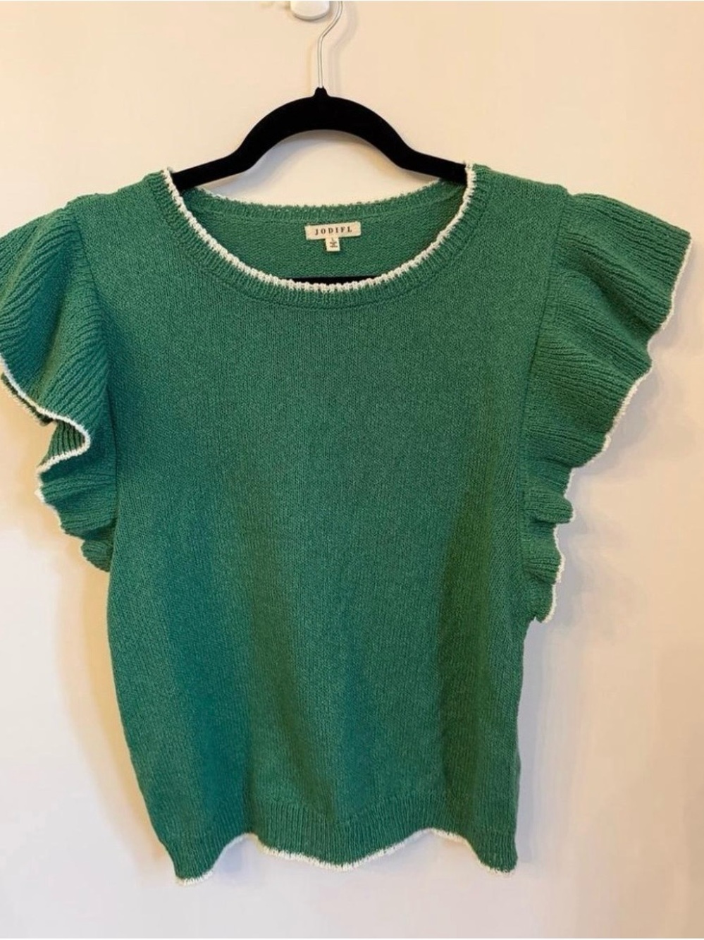 JODIFL Green Knit Top with White Trim and Ruffle Sleeves